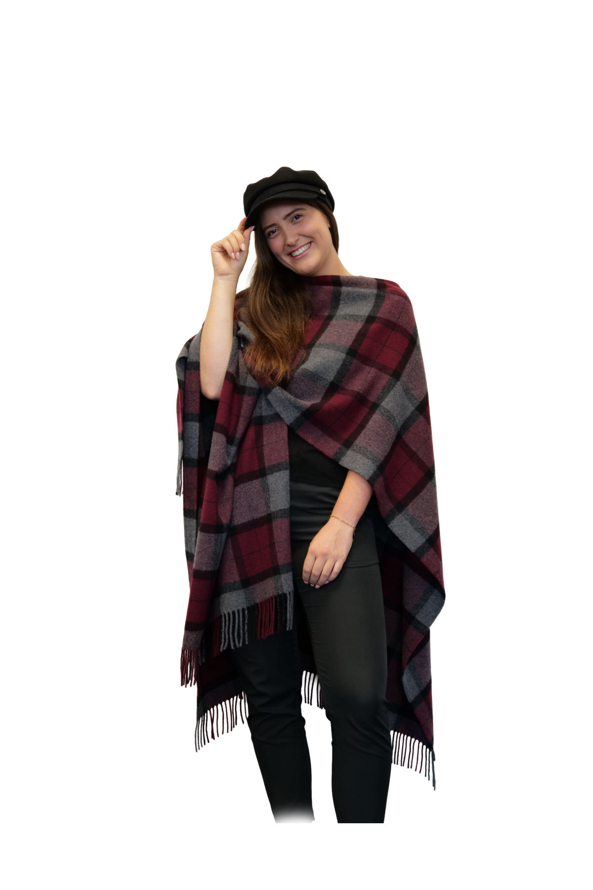 Poncho Livorno Rot Grau Karo